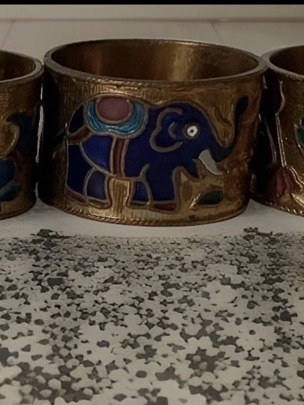 VTG Enamel And Copper Cloisonné Napkin Rings Set Of 6 Birds Fish Elephant Floral